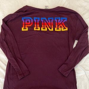 PINK Victoria’s Secret vneck tshirt medium burgundy with rainbow on back